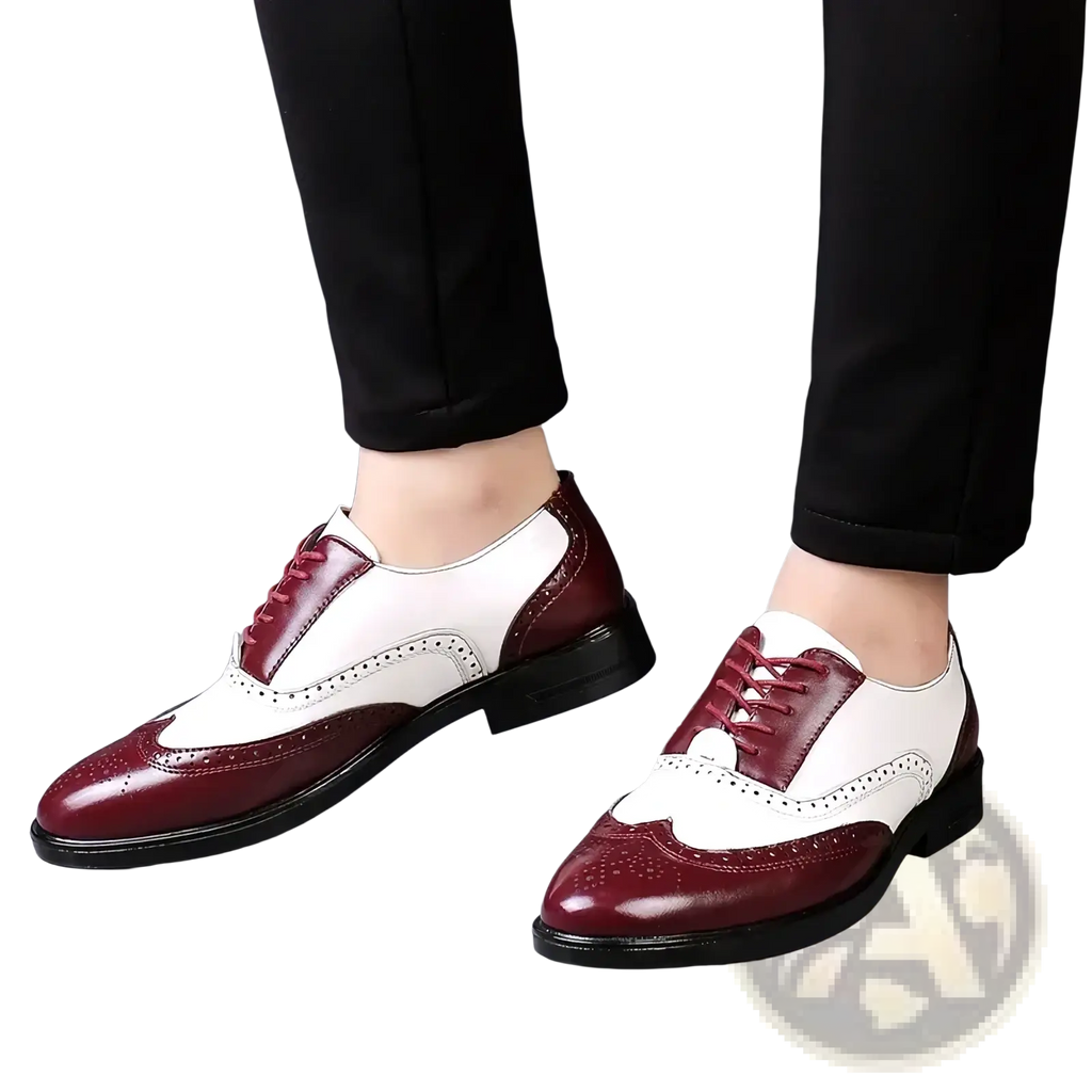 Men two tone brogue oxford dress shoes in burgundy and white leather with black soles for formal wear