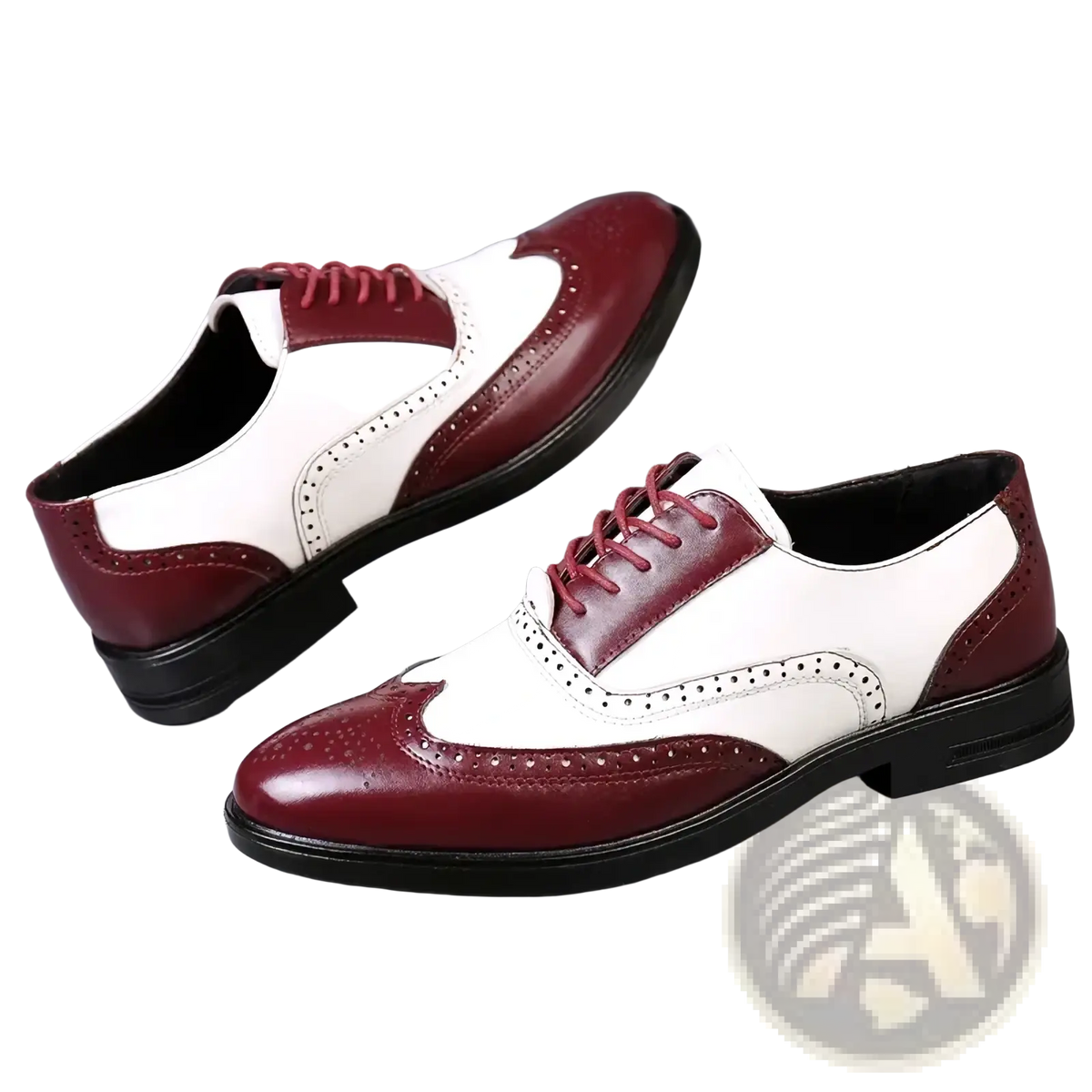 Men two tone brogue oxford dress shoes in burgundy and white leather with matching laces for formal wear
