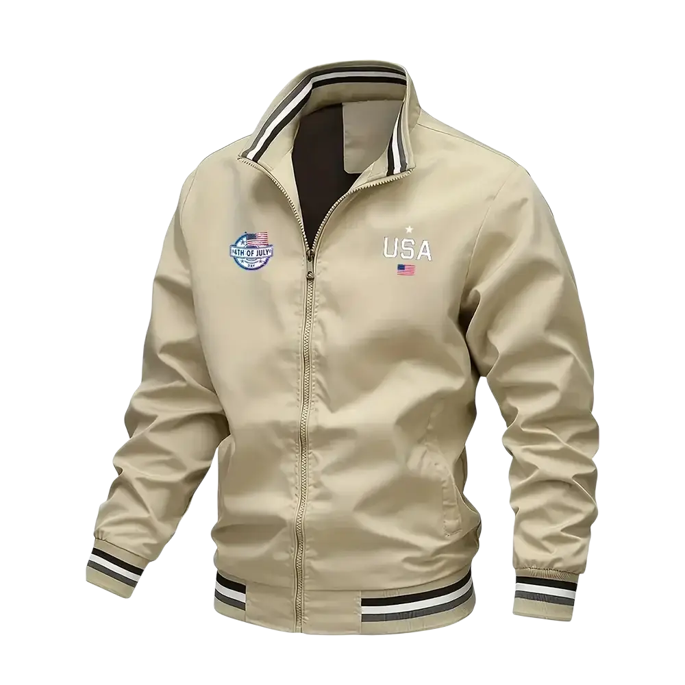 Men usa bomber jacket varsity letter casual coat in beige with black and white striped trim and usa flag embroidery
