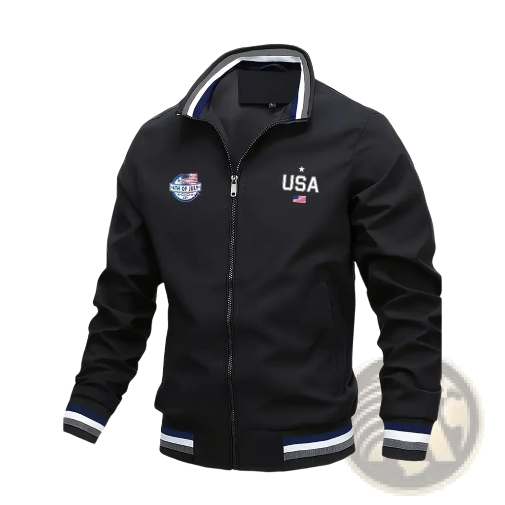 Men usa bomber jacket varsity letter graphic casual coat in black with navy white striped trim and usa flag embroidery on chest
