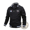 Men usa bomber jacket varsity letter graphic casual coat in black with navy white striped trim and usa flag embroidery on chest