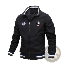 Men usa bomber jacket varsity letter graphic casual coat in black with navy white striped trim and usa flag embroidery on chest