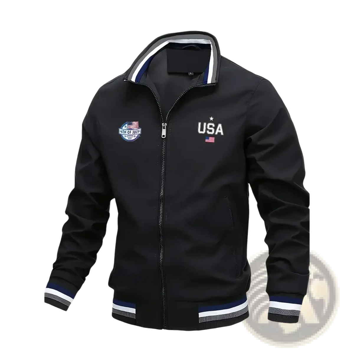 Men usa bomber jacket varsity letter graphic casual coat in black with navy white striped trim and usa flag embroidery on chest