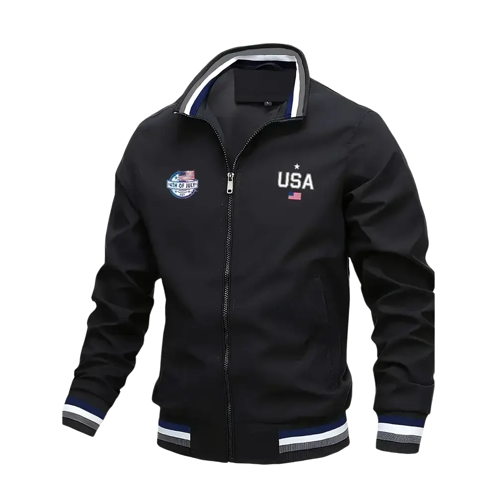 Men usa bomber jacket varsity letter graphic casual coat in black with navy white striped trim and usa flag embroidery on chest
