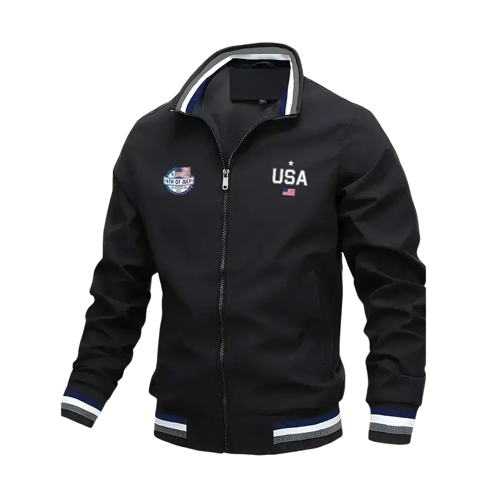 Men usa bomber jacket in black with white and navy trim featuring usa lettering and american flag patch on chest