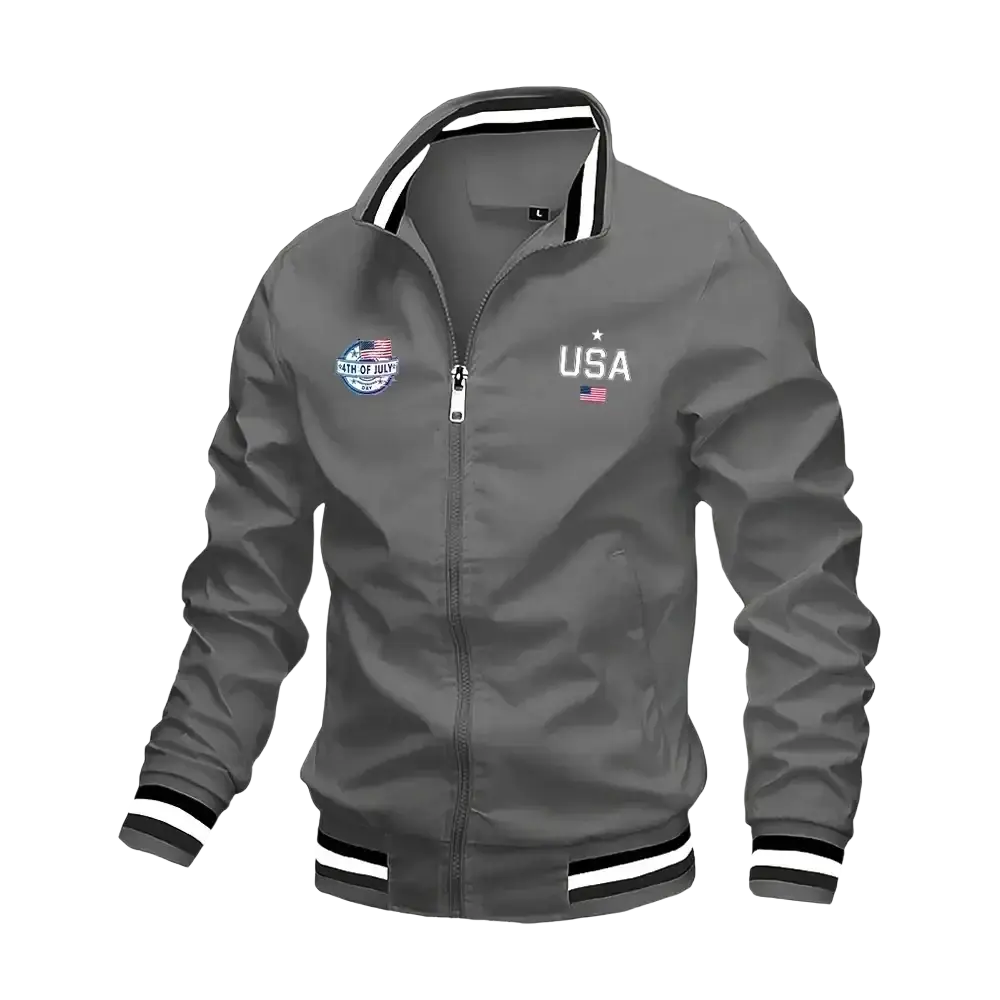 Men usa bomber jacket gray varsity style with usa lettering and american flag patch for casual wear