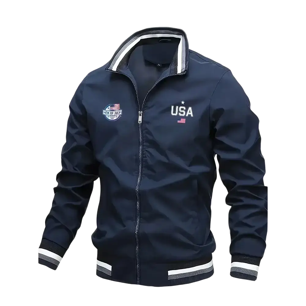 Navy blue men usa bomber jacket with white and gray trim, usa lettering, and American flag patches on chest