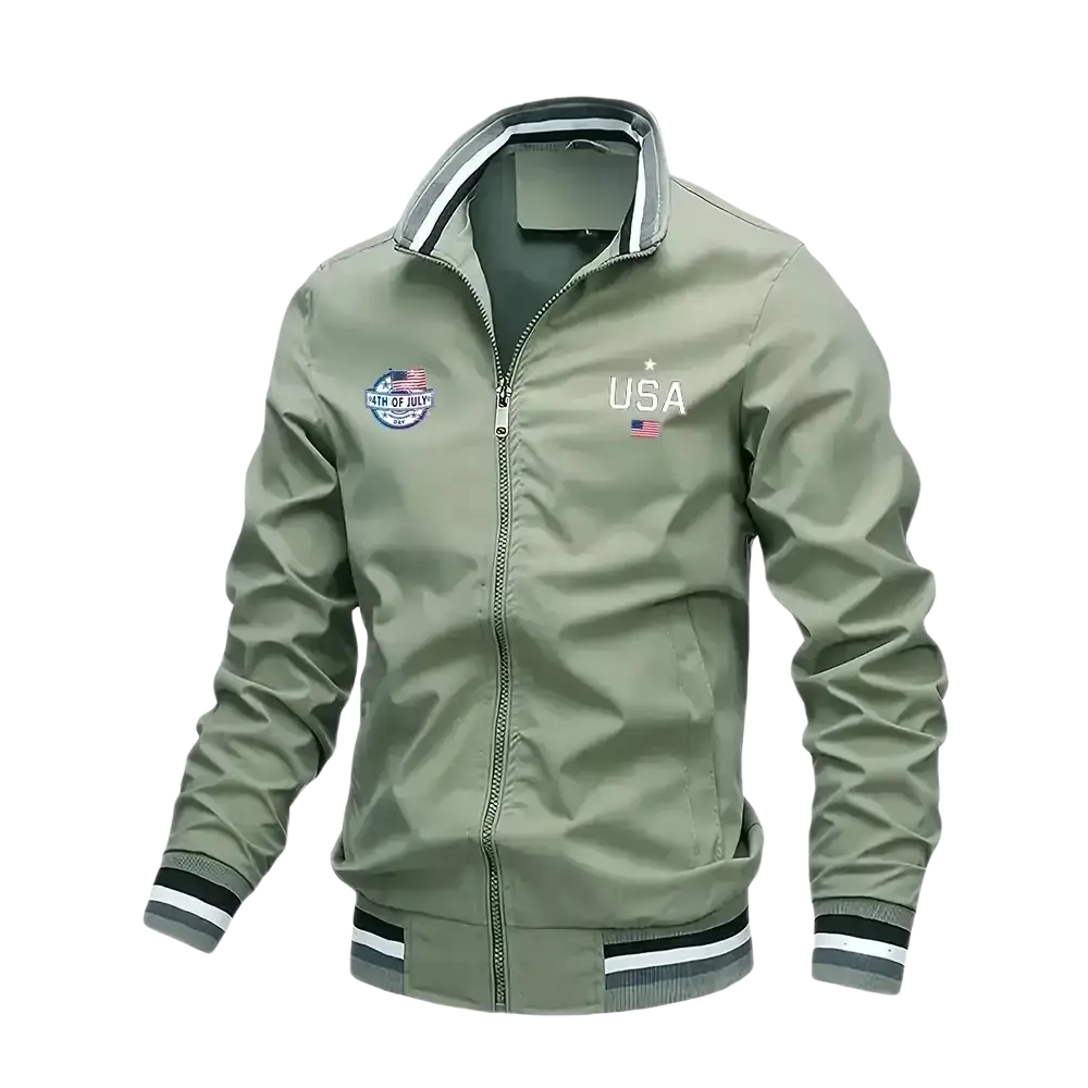 Olive green men usa bomber jacket with white black striped trim and usa flag patch on chest casual varsity coat