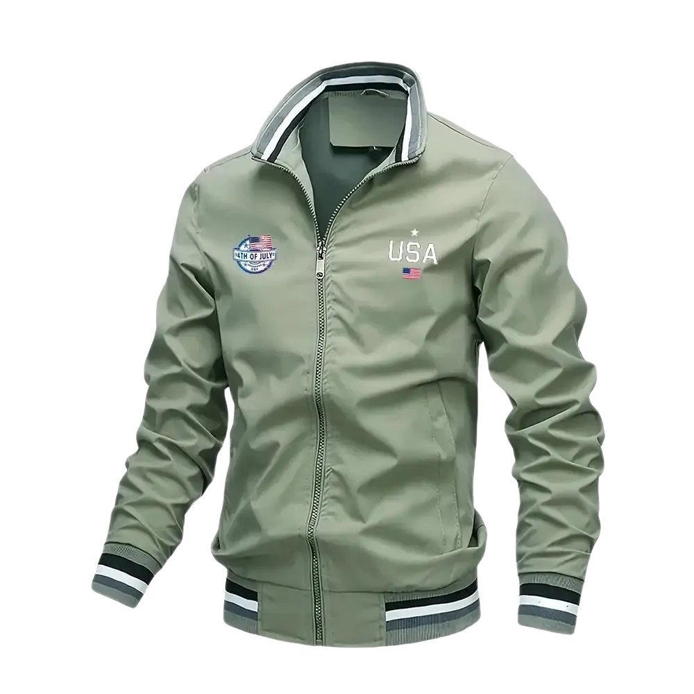 Men usa bomber jacket in olive green with white and black striped trim, usa flag patch, and 4th of july emblem on sleeve