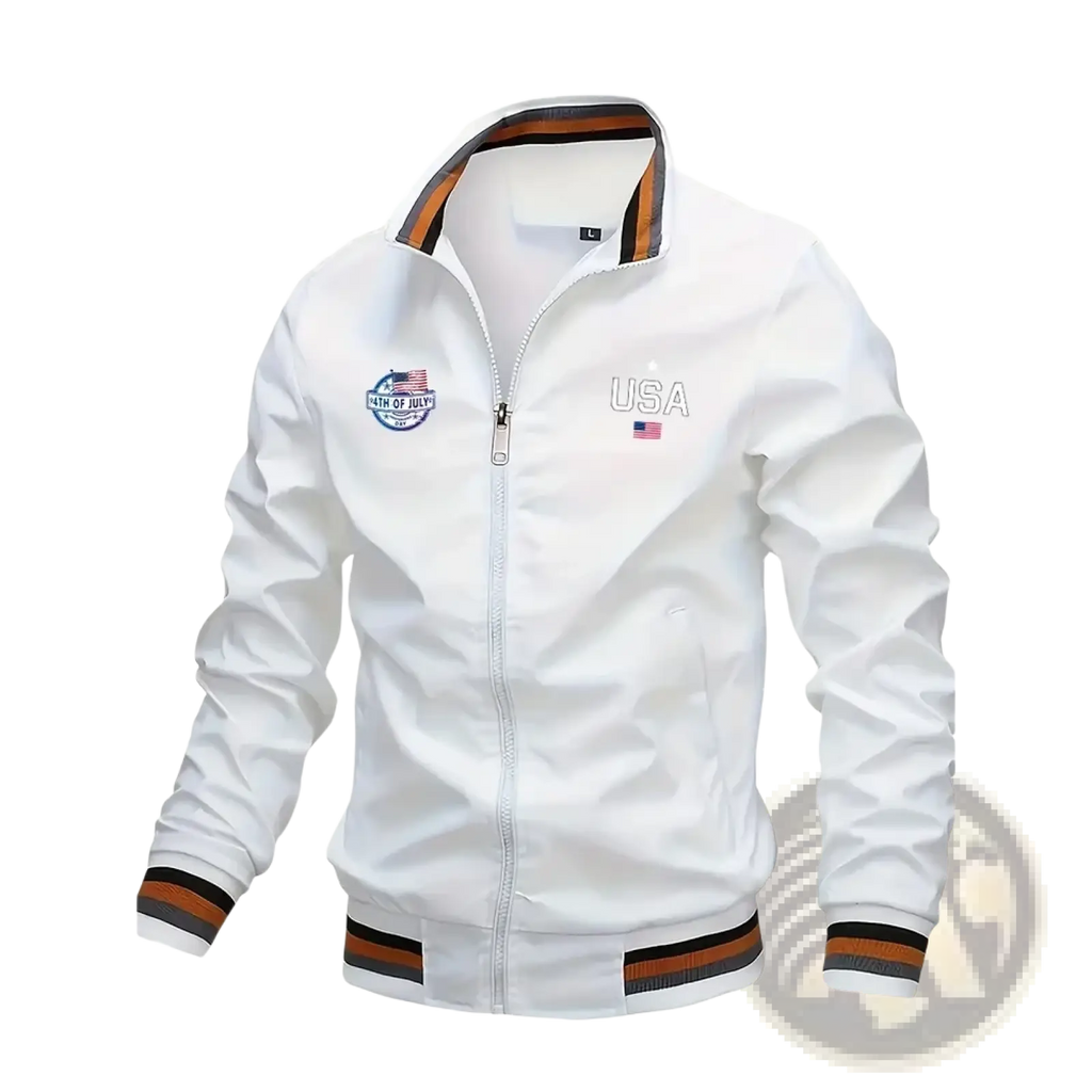 Men usa bomber jacket varsity letter casual white zip-up with orange black striped trim and american flag patch