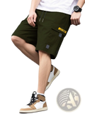 Men olive green utility cargo shorts with multiple pockets and a yellow label casual summer drawstring shorts