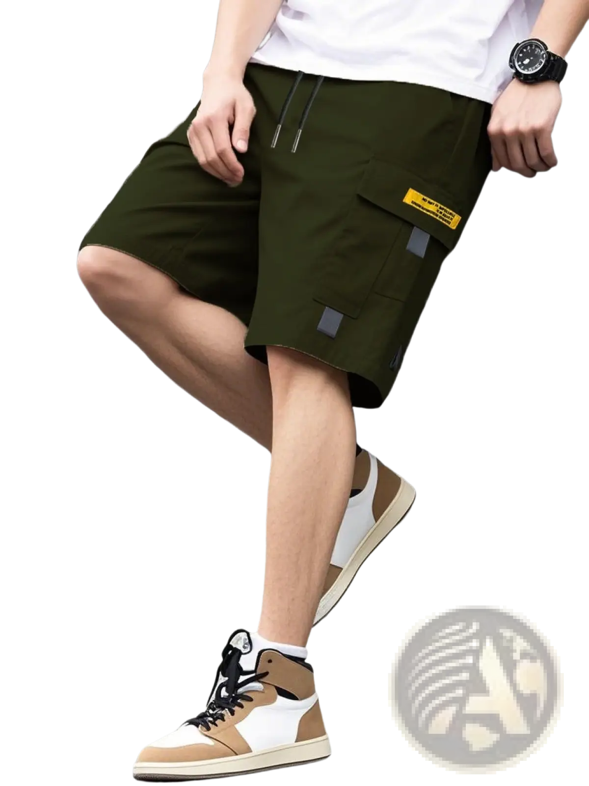 Men olive green utility cargo shorts with multiple pockets and a yellow label casual summer drawstring shorts