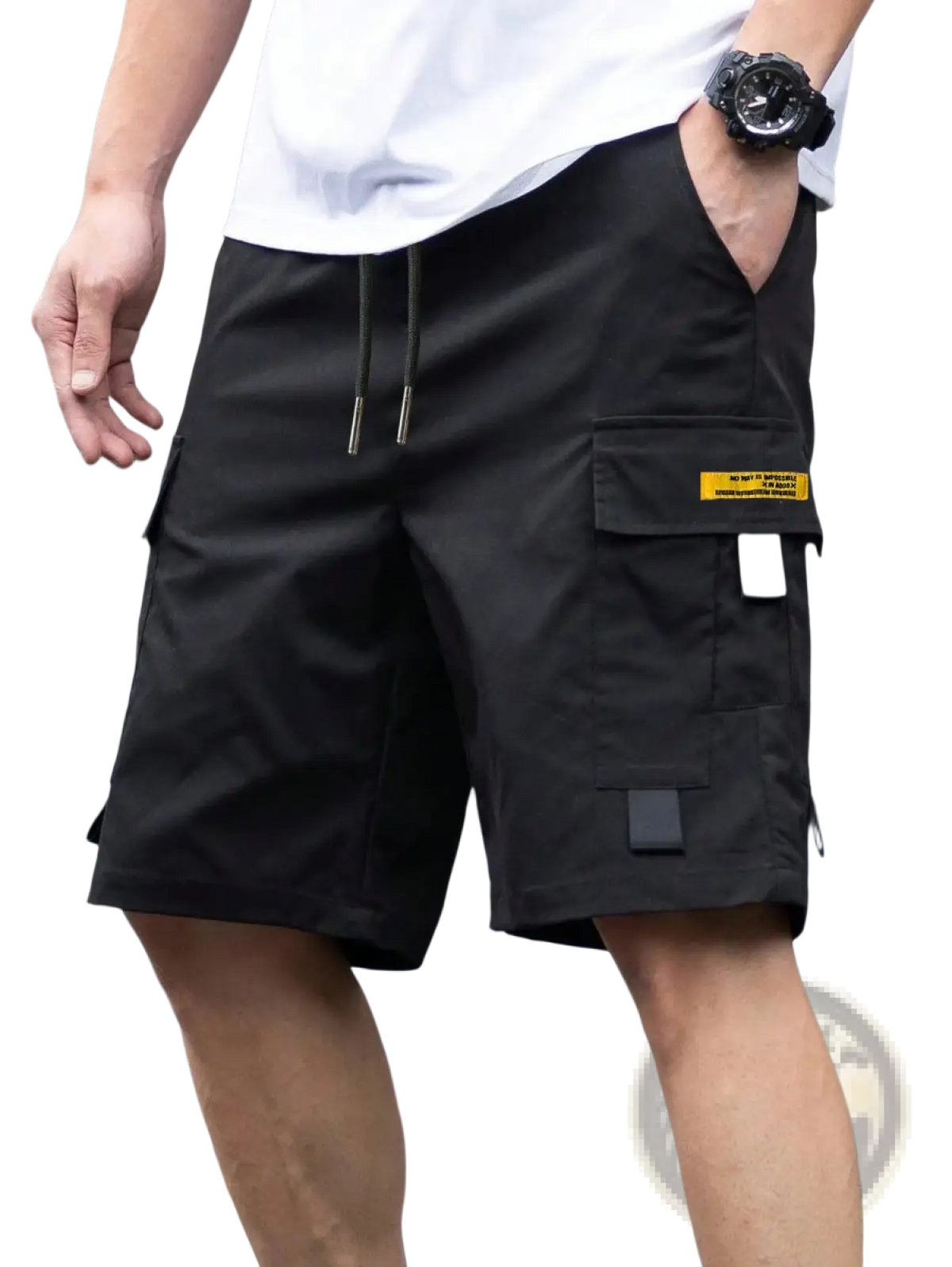 Men utility cargo shorts in black with drawstring waist and multiple pockets including yellow label and black flap accents