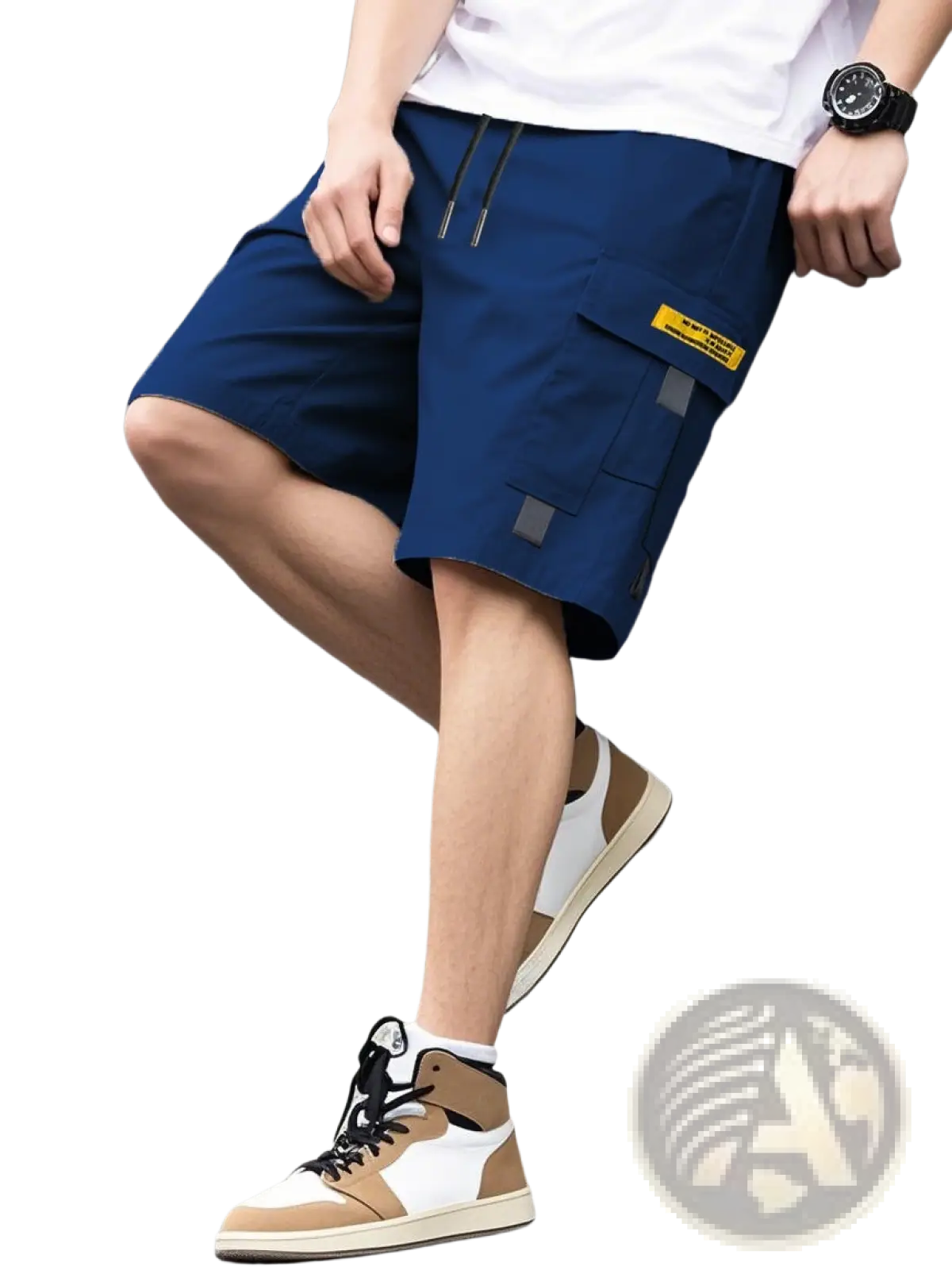 Navy blue men utility cargo shorts with drawstring, yellow label, and gray side pocket patches for casual summer wear