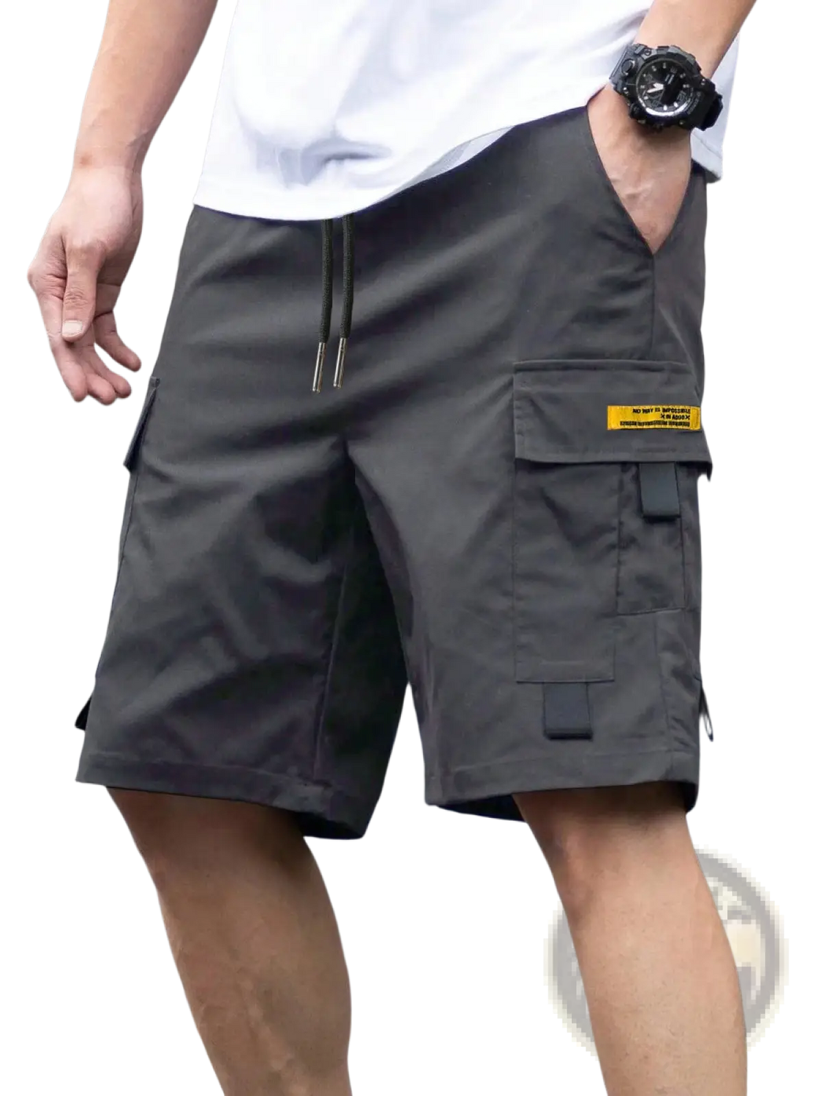 Men utility cargo shorts in dark gray with multiple pockets and a yellow label for casual summer wear