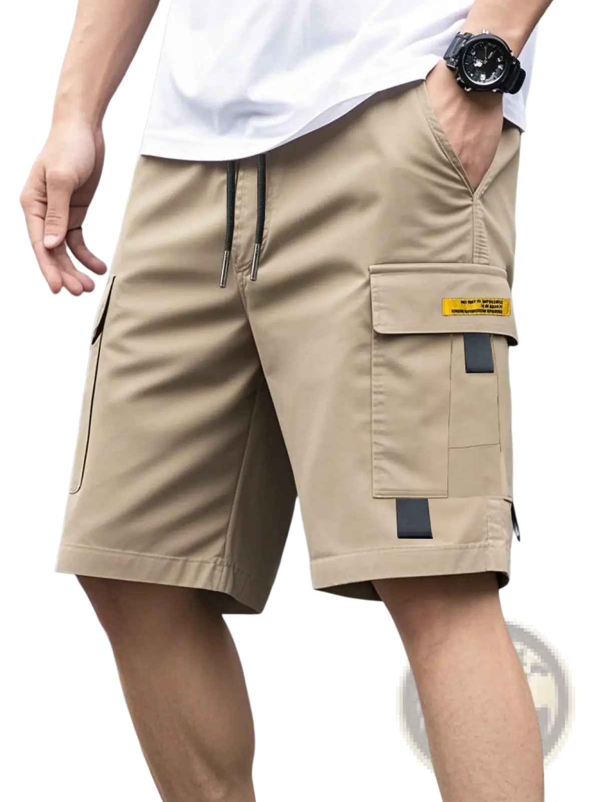 Men utility cargo shorts beige with black drawstring and yellow label on side pocket for casual summer wear