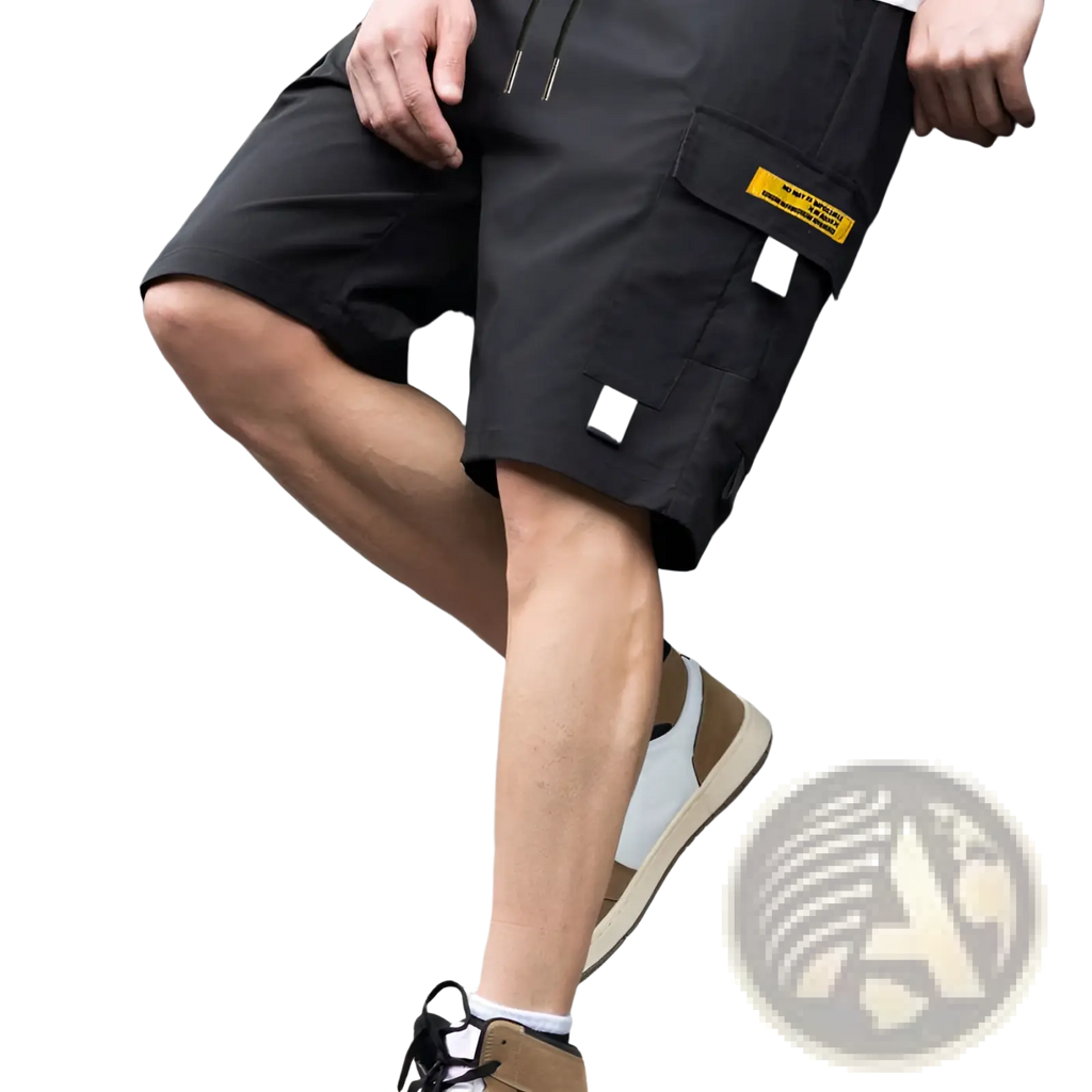 Men utility cargo shorts in black with gray fabric accents and a yellow label on the side pocket for casual summer use