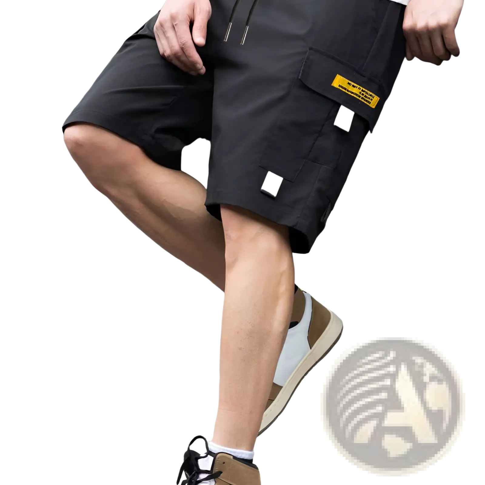 Men utility cargo shorts in black with gray fabric accents and a yellow label on the side pocket for casual summer use