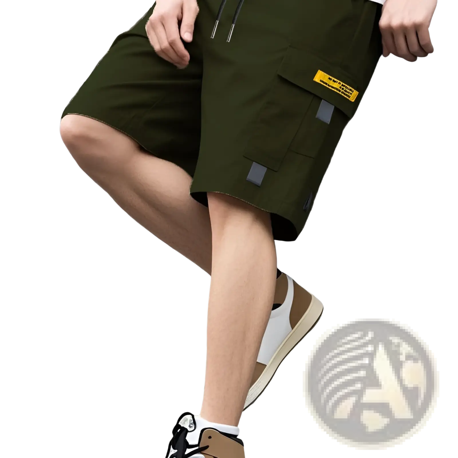 Men utility cargo shorts in olive green with yellow label and gray reflective patches for casual summer wear
