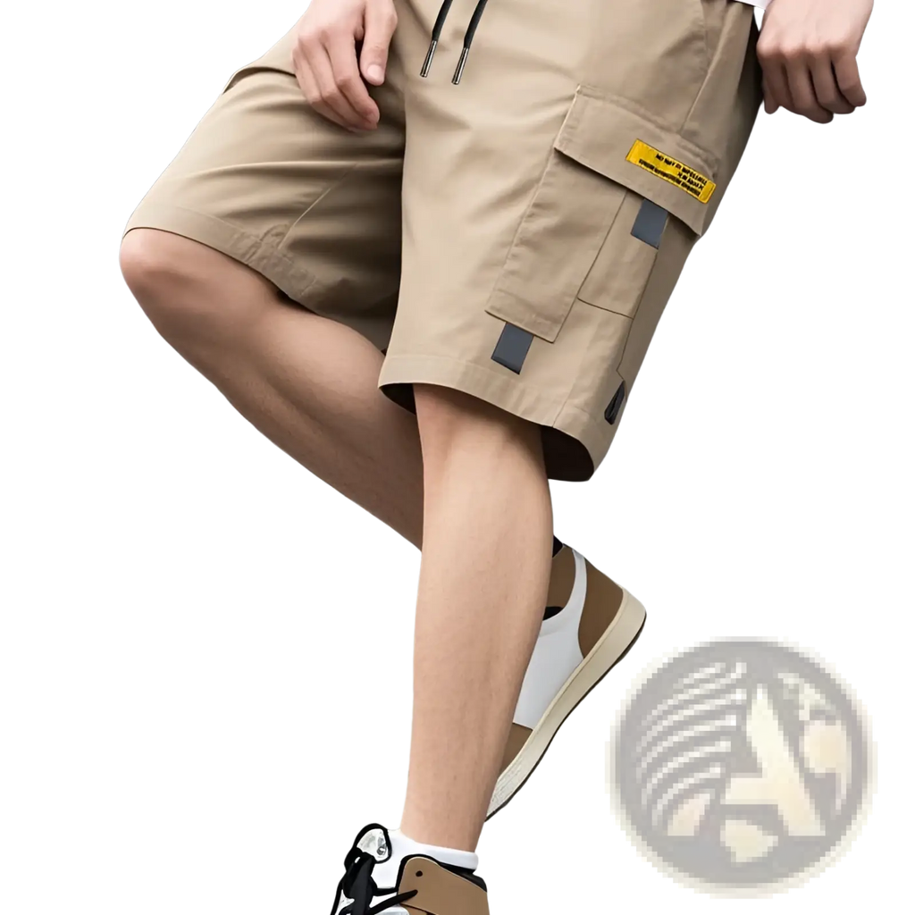 Beige men utility cargo shorts with multiple pockets and a yellow label on the thigh for casual summer wear