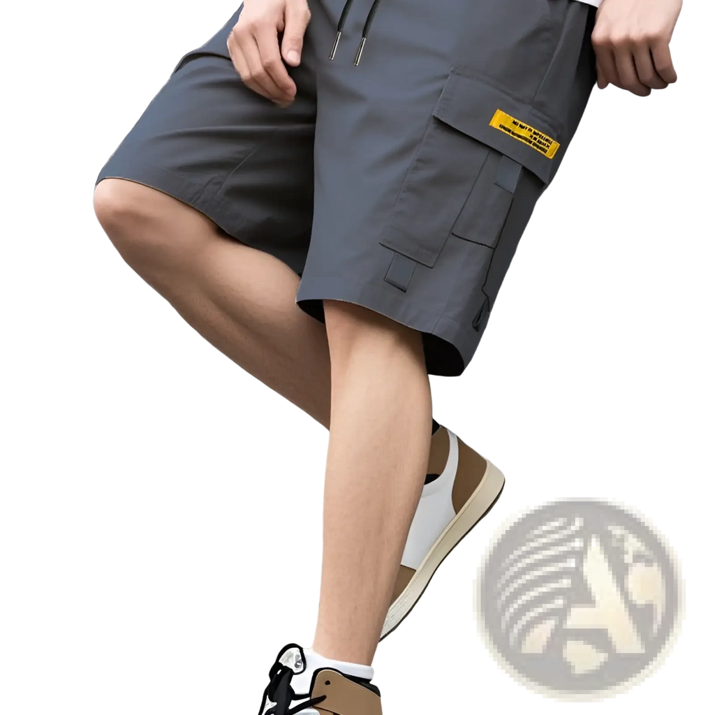 Men utility cargo shorts in dark gray with multiple pockets and a yellow label for casual summer wear