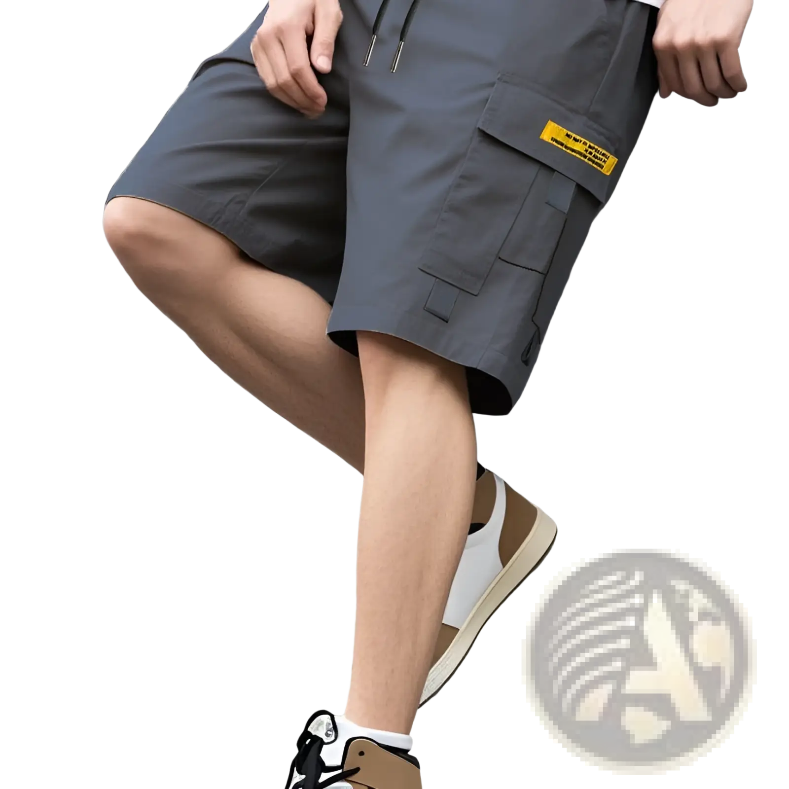 Men utility cargo shorts in dark gray with multiple pockets and a yellow label for casual summer wear