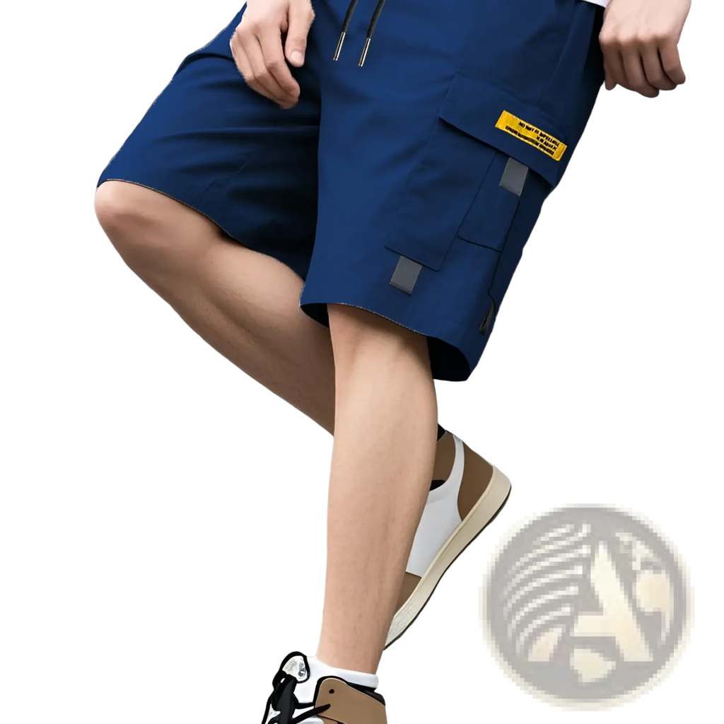 Navy blue men utility cargo shorts with multiple pockets, yellow label on thigh, casual summer drawstring design