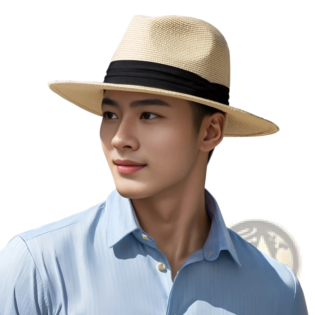 Beige uv proof straw fedora hat for men with a black band showcasing classic style and sun protection features