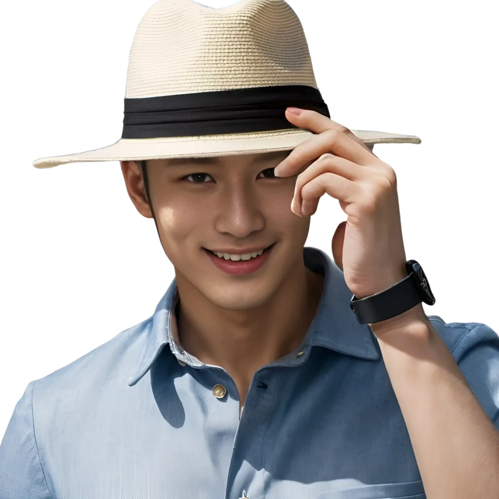 Beige uv proof straw fedora hat for men with a black ribbon band made of breathable straw material
