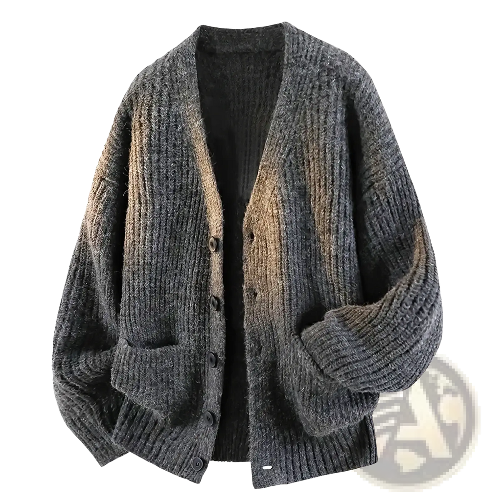 Men v-neck knit cardigan sweater with oversized knit, gradient dark gray to light brown, ribbed texture, and button closure