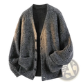 Men v-neck knit cardigan sweater with oversized knit, gradient dark gray to light brown, ribbed texture, and button closure