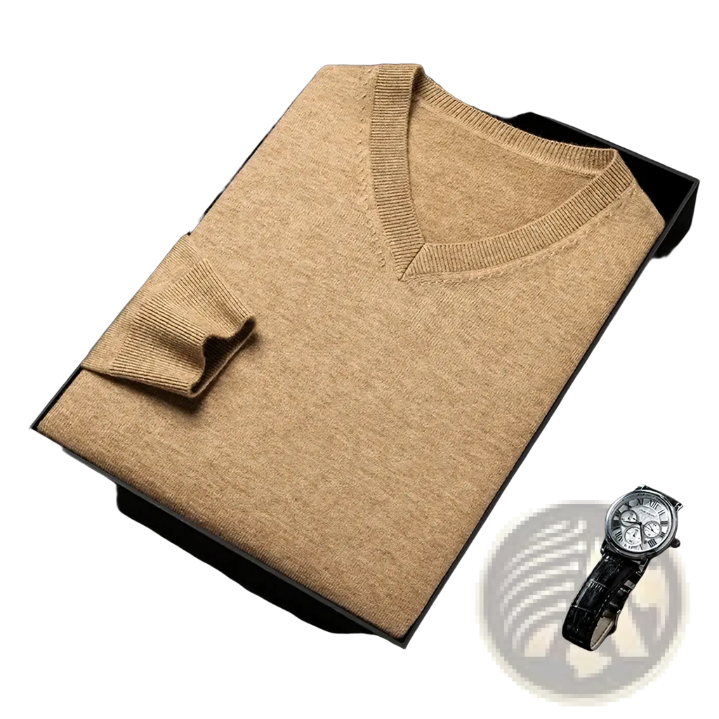 Men v neck beige knit sweater with ribbed cuffs and neckline neatly folded in a black box