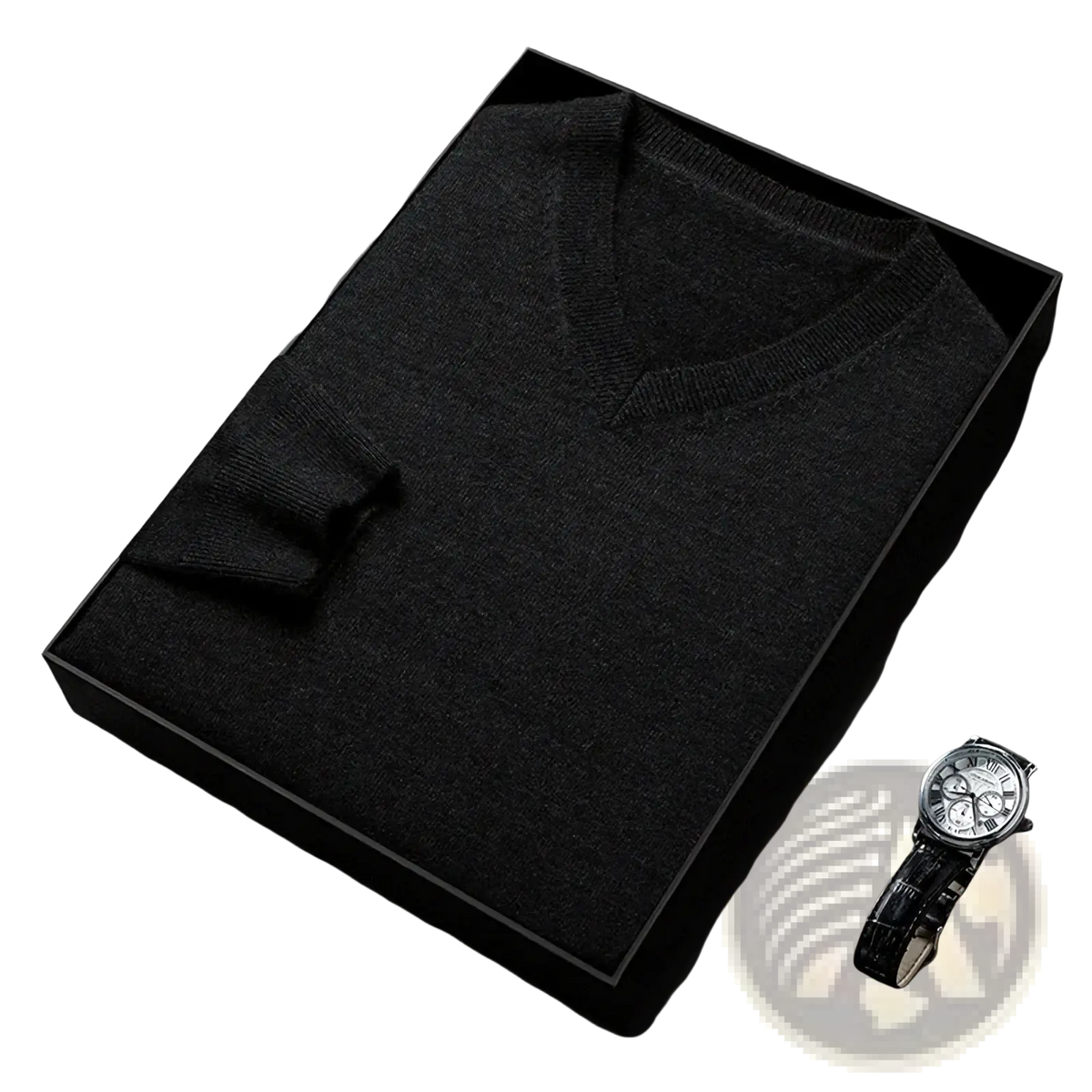 Men v neck knit sweater in black textured fabric neatly folded inside an elegant black presentation box