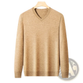 Men v neck knit sweater in beige with soft textured knit fabric and ribbed cuffs for comfortable wear