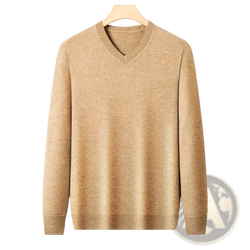 Men v neck knit sweater in beige with soft textured knit fabric and ribbed cuffs for comfortable wear