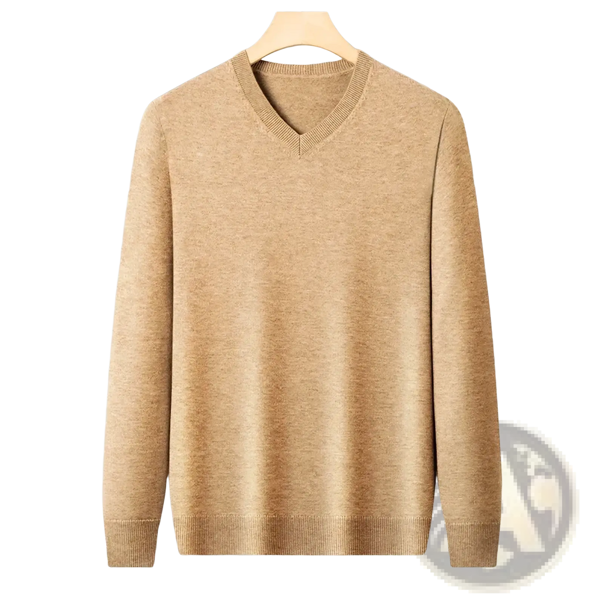 Men v neck knit sweater in beige with soft textured knit fabric and ribbed cuffs for comfortable wear