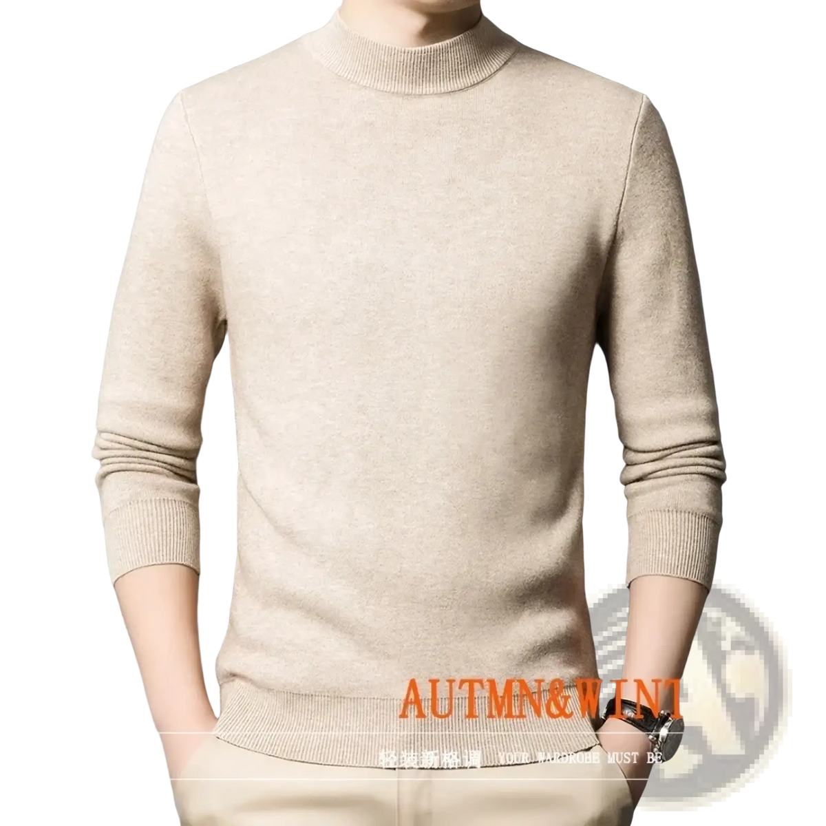 Men V-neck knit sweater beige color made of soft knit fabric casual winter pullover