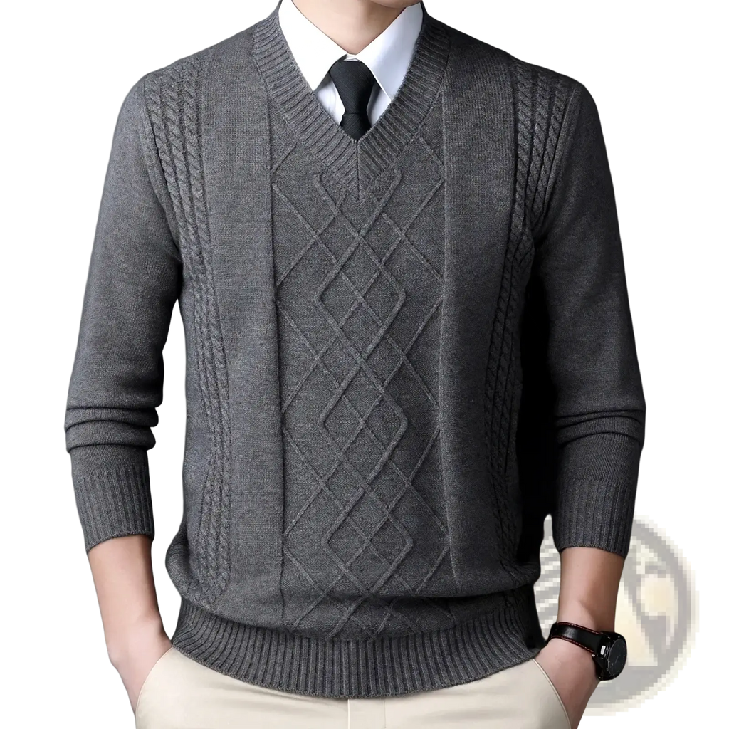Men v-neck knit sweater in gray with intricate diamond and cable knit patterns for casual winter wear