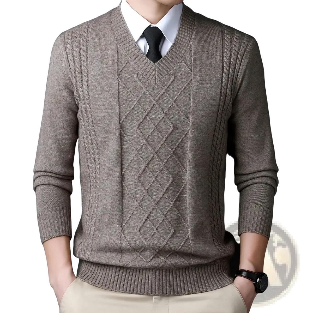 Men v-neck knit sweater in taupe with intricate diamond and cable knit patterns casual winter pullover