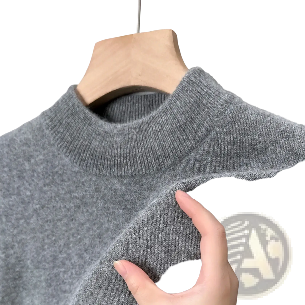 Gray knit men v neck sweater with ribbed crew neck hanging on wooden hanger casual winter pullover