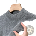 Gray knit men v neck sweater with ribbed crew neck hanging on wooden hanger casual winter pullover