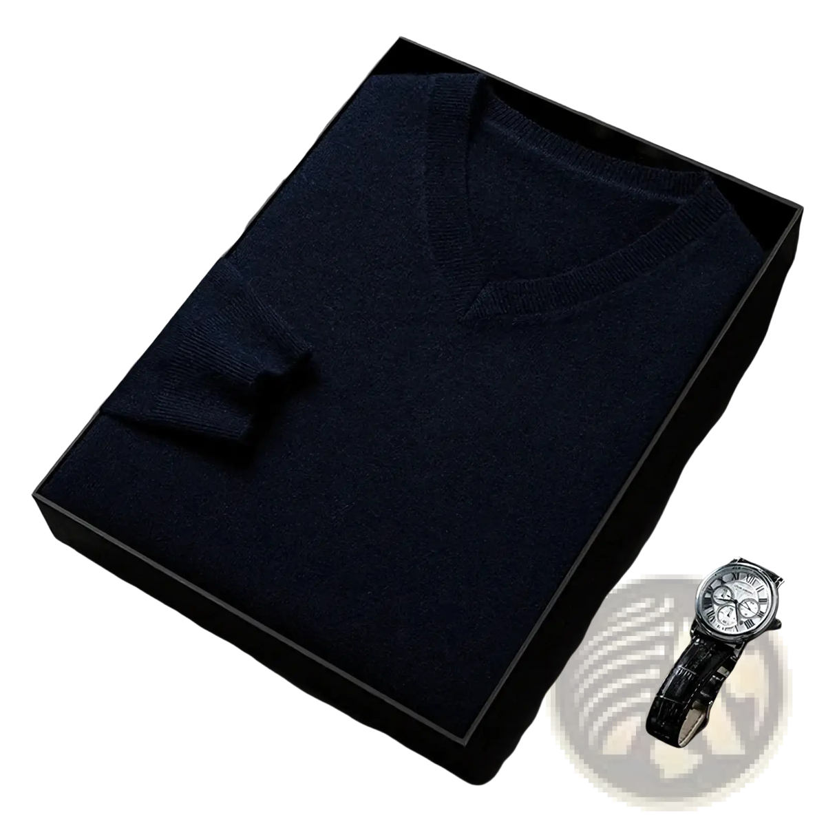 Navy blue men v neck knit sweater made of cashmere displayed in a black gift box for elegant gifting