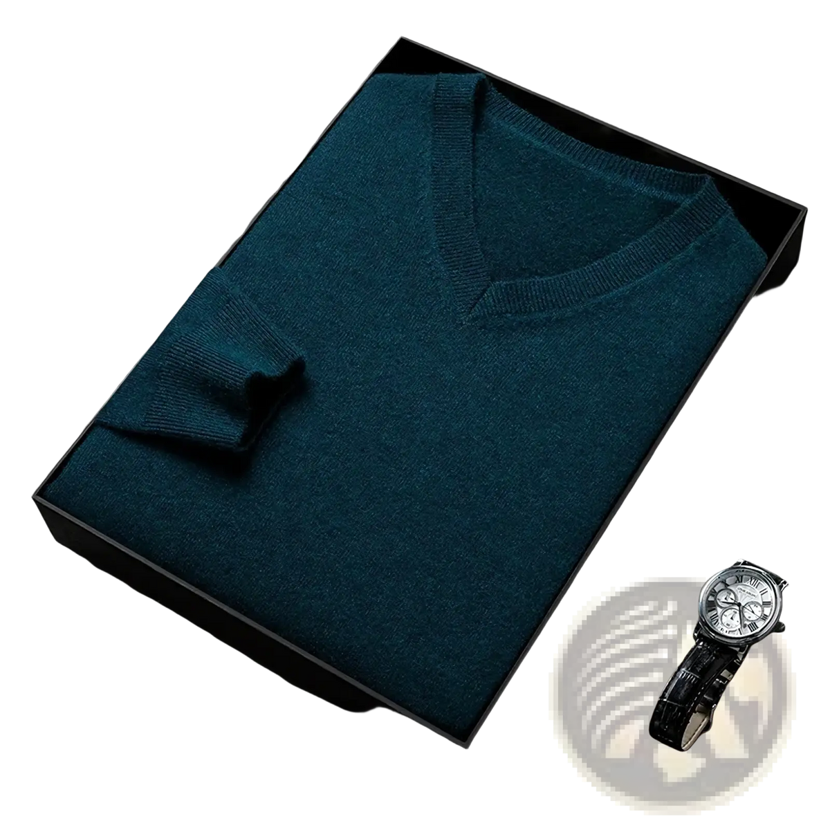 Men v neck knit sweater in teal cashmere presented in a sleek black gift box for elegant gifting