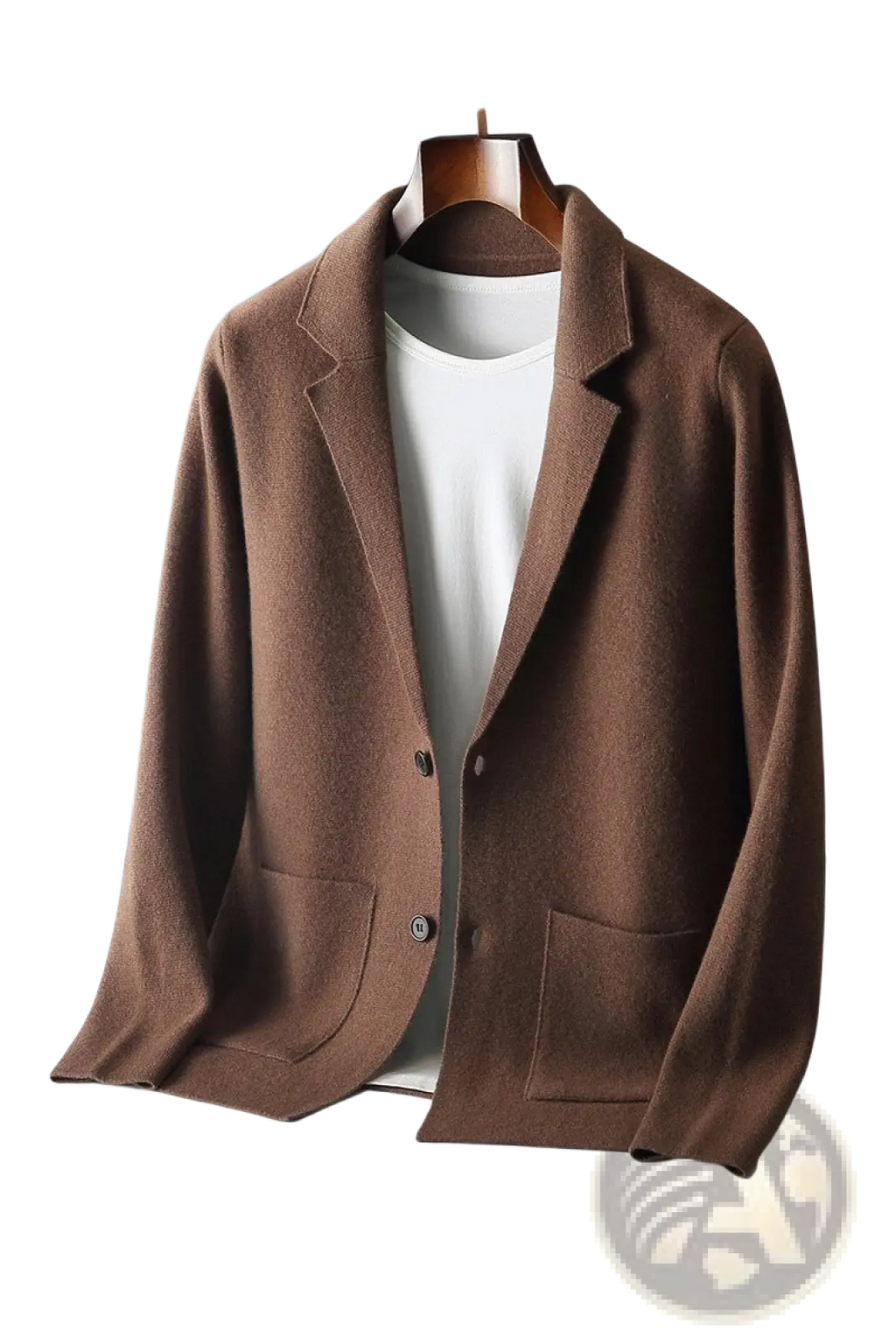 Brown wool blazer with notched lapels and two front pockets displayed on wooden hanger for men v-neck knitted olive green cardigan blazer product