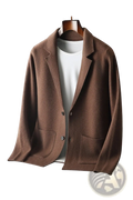 Brown wool blazer with notched lapels and two front pockets displayed on wooden hanger for men v-neck knitted olive green cardigan blazer product