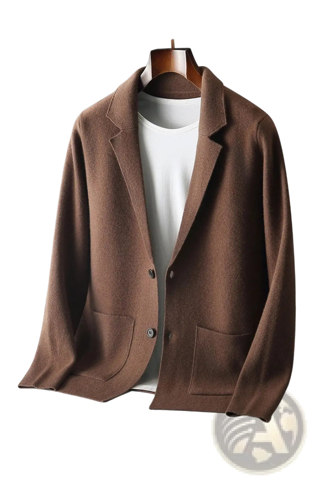 Brown wool blazer with notched lapels and two front pockets displayed on wooden hanger for men v-neck knitted olive green cardigan blazer product