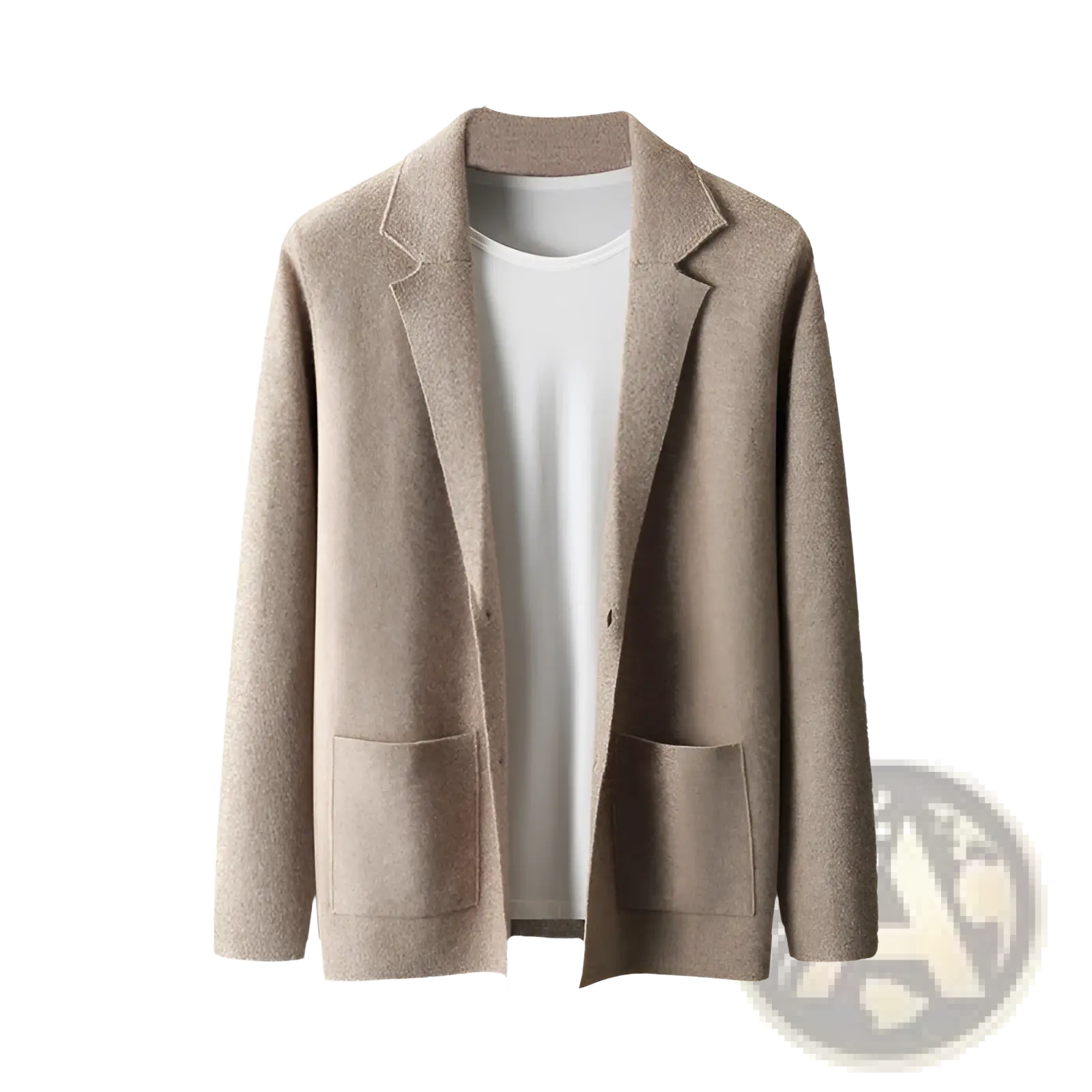 Beige textured wool blazer with notched lapels and two front pockets complementing an olive green v-neck knitted cardigan