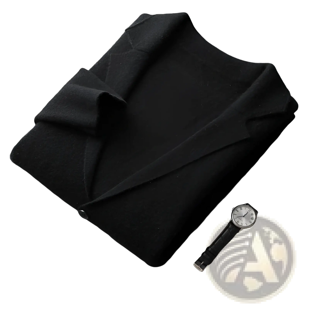 Black cashmere blazer with a sleek minimalist design and subtle texture featured in men v neck knitted olive green cardigan blazer product