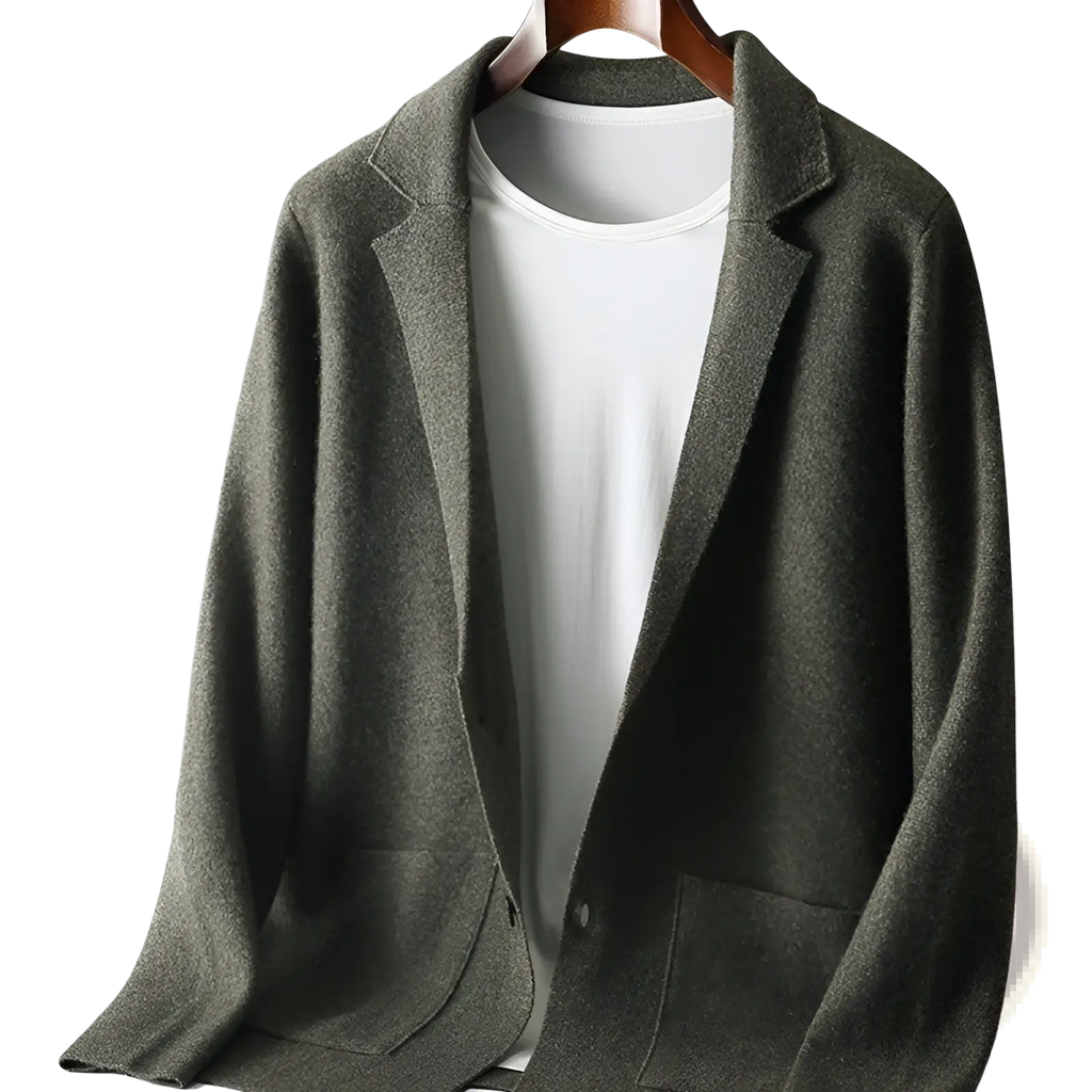 Men v-neck knitted olive green wool-blend blazer with notched lapel and two front flap pockets on wooden hanger