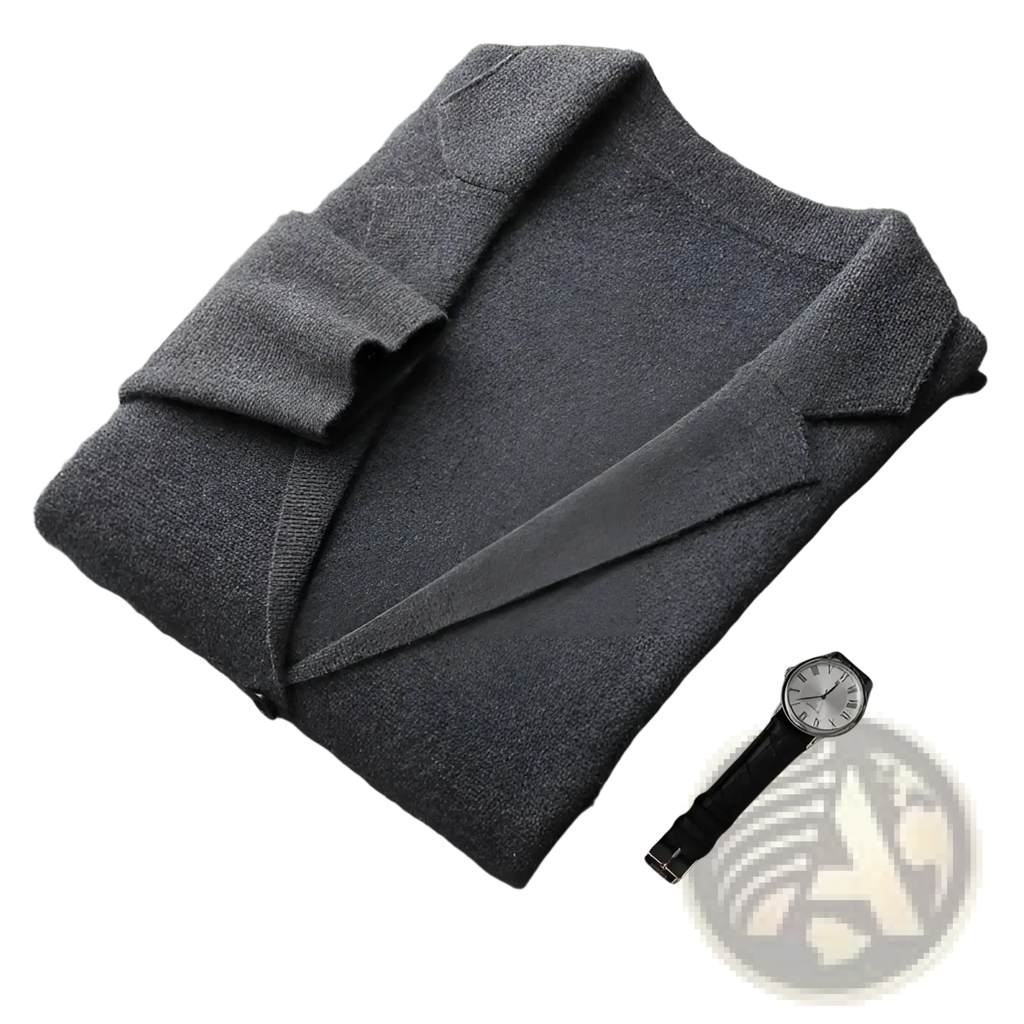 Dark gray woolen blazer with classic collar and structured shoulders paired with olive green v-neck knitted cardigan blazer